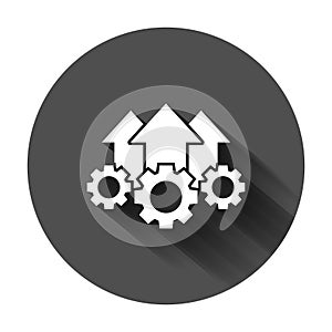 Operation project icon in flat style. Gear process vector illustration on black round background with long shadow. Technology