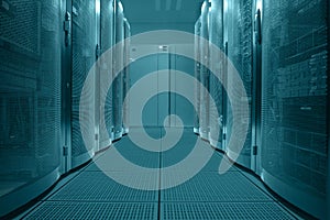 Operational server racks. Modern high-tech telecommunications database super computer in a room