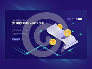 Operations with money, electronic bill, coin, chash transaction, payment online isometric vector