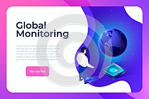 An operator of business data process management working with earth planet projection. Global monitoring website header template