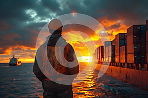 Operator cargo ship is standing and supervise, manage, control at the cargo ship that is rushing to dock at the port