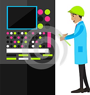 Operator controlling technological process operation panel vector icon isolated on white