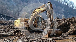An operator at the controls of a massive backhoe as it smoothly maneuvers through the site effortlessly scooping up dirt photo