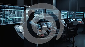 The operator controls the production line of the works. Industry 4.0. Generative AI.