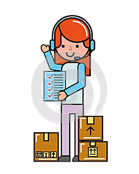 operator girl online shopping check list cardboard boxes cargo