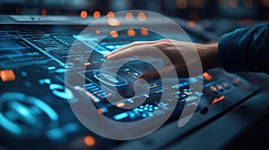 An operator harnessing a digital enhancement on a large control panel with virtual indicators showing optimal settings