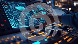 An operator harnessing a digital enhancement on a large control panel with virtual indicators showing optimal settings