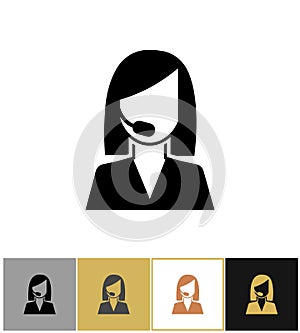 Operator icon. Call center secretary, sales agent or telephone assistant pictogram on gold and white background