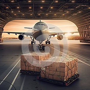 Operator loading cargo box to airplane storage by forklift inside hangar, airport.