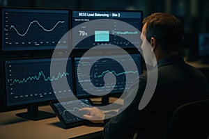 An operator monitors energy data on multiple screens, tracking battery load balancing and grid analytics in a high-tech control