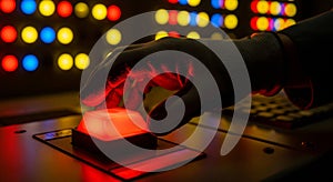 Operator performs nuclear scram by pressing red button to stop reactor activity in control room during emergency response