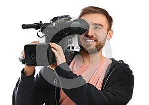 Operator with professional video camera on background