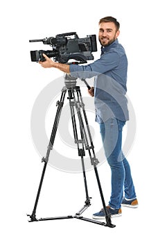 Operator with professional video camera on white