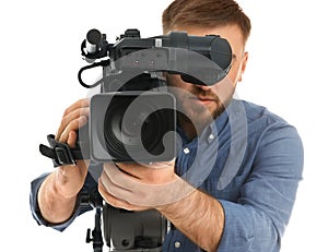 Operator with professional video camera on white background