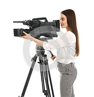 Operator with professional video camera on white background