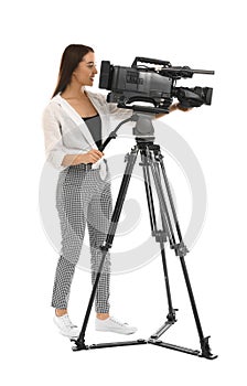 Operator with professional video camera on white background