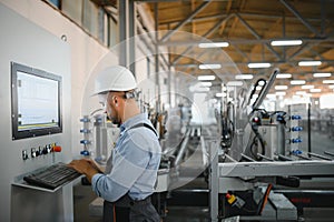 Operator wearing safety hat behind control panel on a factory