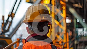 The operators hard hat and safety gear are visible as they keep a watchful eye on their surroundings while operating the