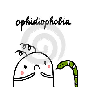 Ophidiophobia hand drawn illustration with cute marshmallow and snake photo