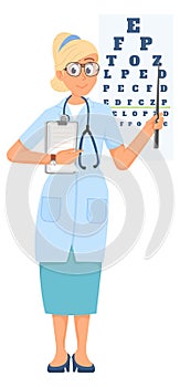 Ophtalmologist cartoon character. Female doctor. Friendly woman