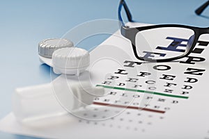 Ophthalmic Accessories Glasses and lenses with an Eye Test Chart for vision correction on a blue background