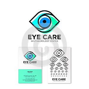 Ophthalmologic clinic flat logo. Eye care emblems. Contour logo. Creative business card with a test vision table.
