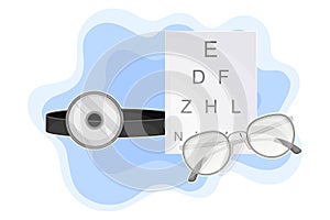 Ophthalmological Supplies with Glasses and Eyechart for Vision Screening Vector Composition photo