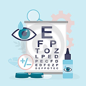 Ophthalmological tools for vision testing. Examination by optician. Vision correction and healthcare, concept banner. Snellen Eye