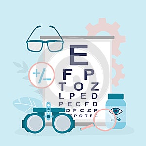 Ophthalmological tools for vision testing. Examination by optician. Vision correction and healthcare, concept banner. Snellen Eye