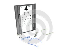 The ophthalmologist board with glasses 3d render on a white back