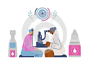 Ophthalmologist checking eyesight of patient using eye microscope test machine, care liquid solution vector illustration
