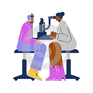 Ophthalmologist checking eyesight of patient using eye microscope test machine, vector flat illustration of diagnostics