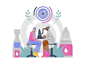 Ophthalmologist checking eyesight, vision of patient using eye microscope screening machine, vector care liquid solution