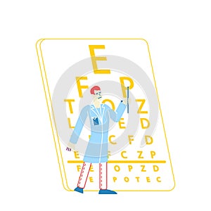 Ophthalmologist Doctor Character Test Myopia Eye. Male Oculist with Pointer Checkup Vision for Eyeglasses or Lens