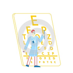Ophthalmologist Doctor Character Test Myopia Eye. Male Oculist with Pointer Checkup Vision for Eyeglasses or Lens photo