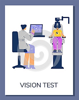 Ophthalmologist doctor check eyesight using computer, vision test, professional optician technology vector flat poster