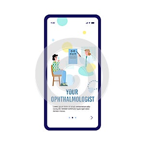 Ophthalmologist doctor mobile onboard screen flat cartoon vector Illustration.