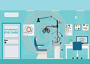 Ophthalmologist interior office with Phoropter.