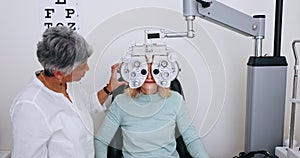 Ophthalmologist, patient and phoropter for eye exam, care or check vision at assessment in clinic. Senior optometrist