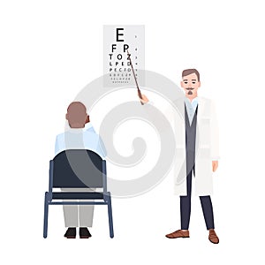 Ophthalmologist with pointer standing beside eye chart and checking eyesight of man sitting in front of it. Oculist