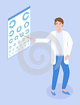 Ophthalmologist points to eye at table for visual examination. Optometrist check medical diagnostic