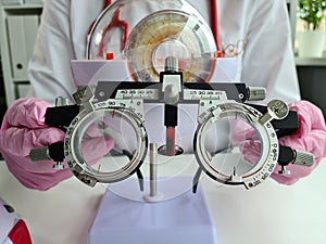 Ophthalmologist tool glasses and eye anatomy model