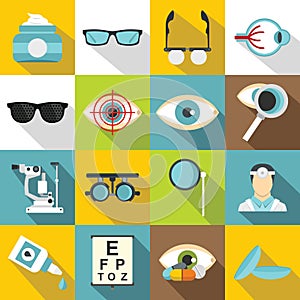 Ophthalmologist tools icons set, flat style