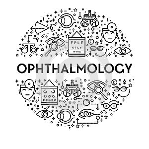 Ophthalmology banner with eyesight testing linear icons set in circle