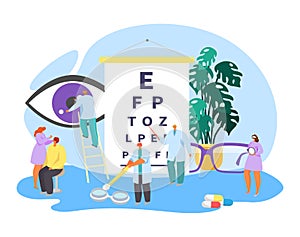 Ophthalmology clinical eye care, vector illustration. Sight correction and diagnostic, testing equipment. Vision