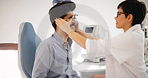 Ophthalmology concept. Patient eye vision examination in ophthalmological clinic