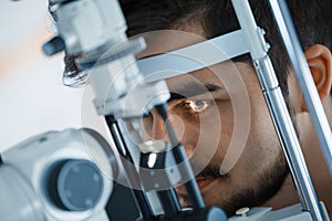 Ophthalmology concept. Patient eye vision examination in ophthalmological clinic