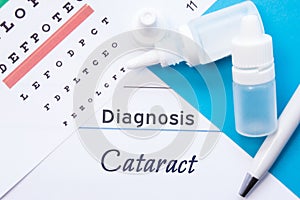 Ophthalmology diagnosis Cataract. Snellen eye chart, two bottles of eye drops  medications lying on notebook with inscription