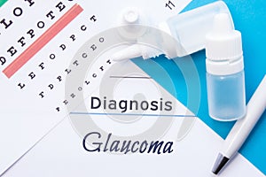 Ophthalmology diagnosis Glaucoma. Snellen eye chart, two bottles of eye drops medications lying on notebook with inscription