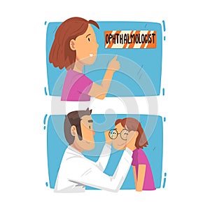 Ophthalmology Diagnostics with Teen Girl Having Eyesight and Vision Checkup and Correction Vector Set